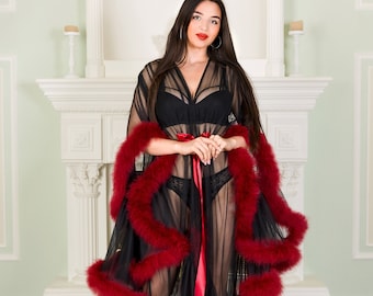 Black Tulle Dressing Gown with Burgundy Marabou Feathers, Maternity photo shoot Robe, Boudoir Luxury Lingerie, Women Sexy Transparent Gown