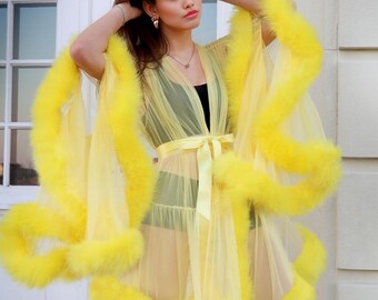 Lot De 2 Robes De Nuit Vintage Avec Plumes De Marabout - Marque Lala's California - Taille P, Jaune