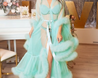 Mint tulle Sexy Feather Lingerie, Zwangerschaps fotoshoot pure jurk, Feather Luxury Boudoir Robe, Lange Marabou feather Bridal Dressing Gown
