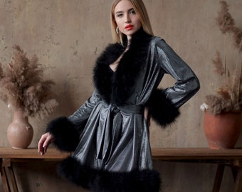 Black Metallic knitwear dressing gown with luxury marabou feathers on collar, sleeves and bottom Luxury robe for party romantic evening gift