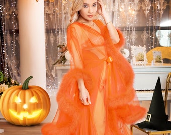 Orange Marabou Feather Tulle Glamour Robe, Christmas Halloween Feather Costume, Boudoir Feather Dressing Gown, Fur sexy halloween pajamas