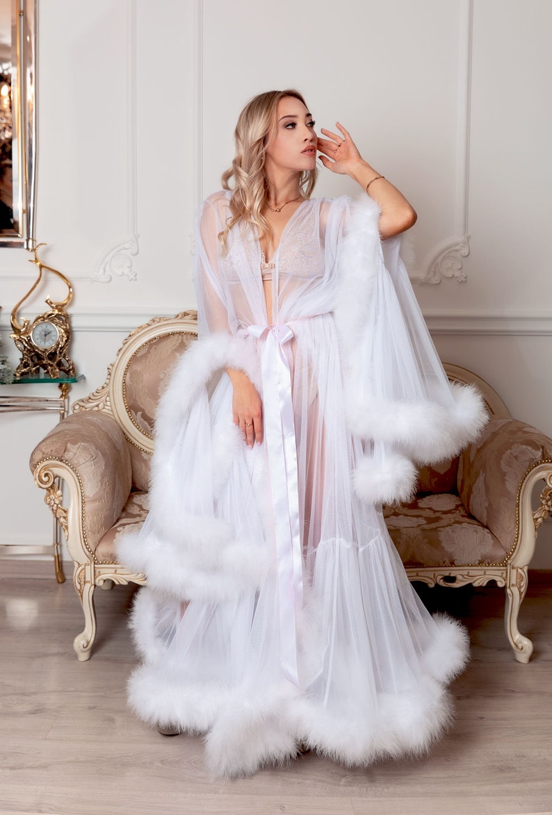 Bridal White Marabou Feather Boudoir Dressing Gown Glamour Etsy