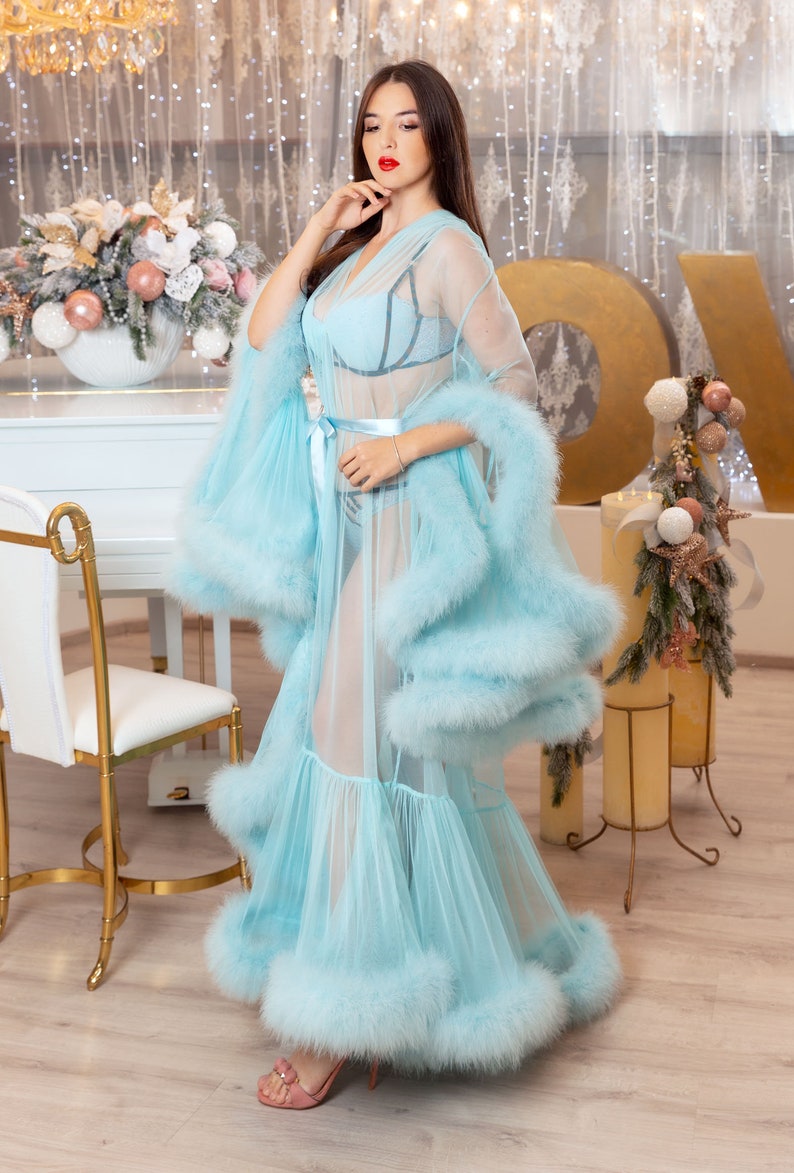 blue feather gown