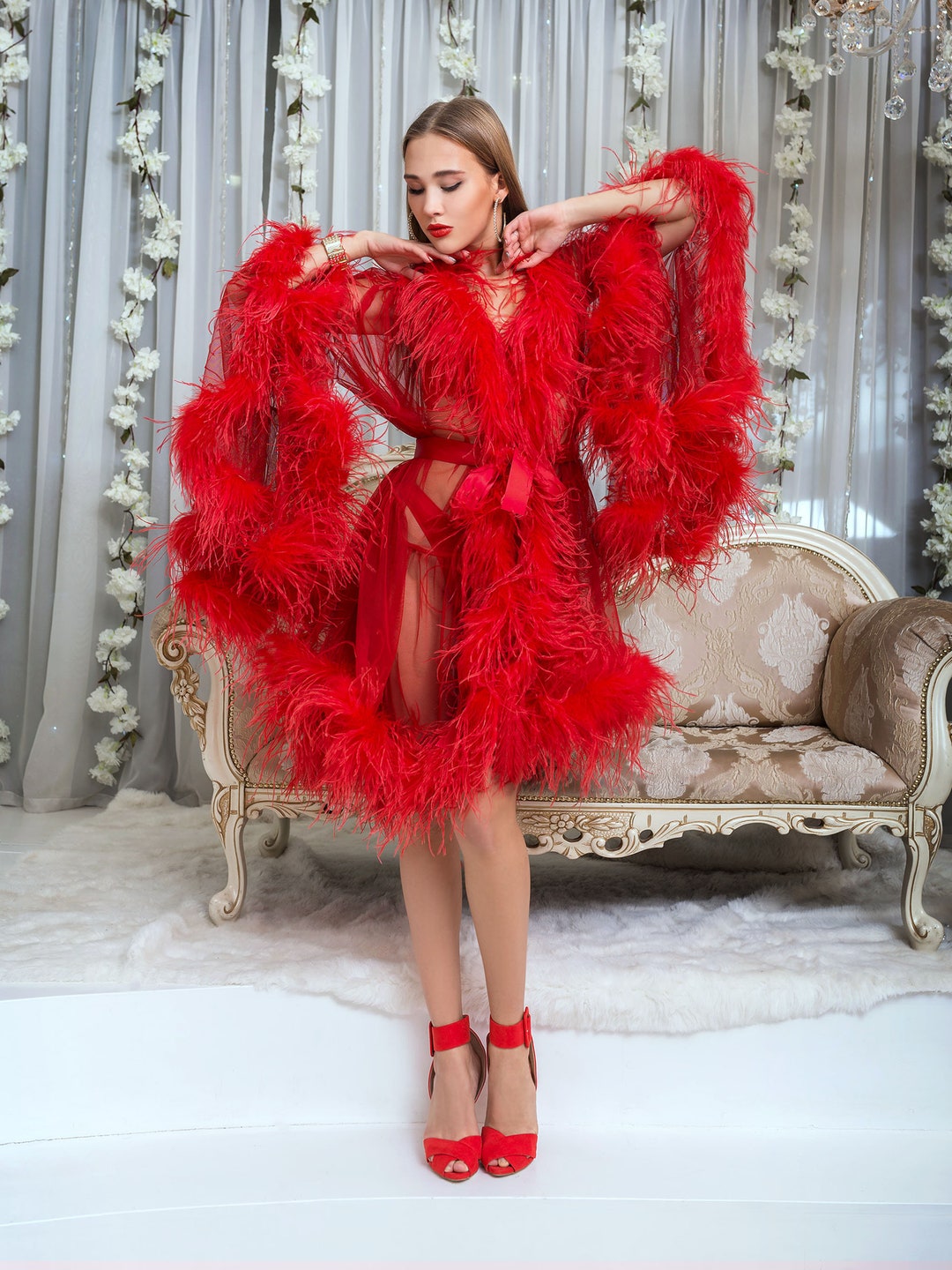 Vestaglia di lusso in piume di struzzo, lingerie in piume glamour boudoir,  vestaglia sexy in tulle di struzzo rosso, idea regalo di compleanno di San 
