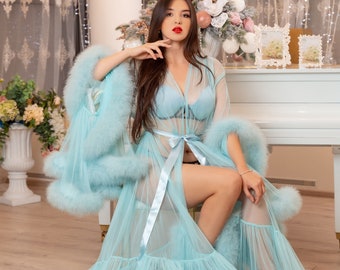 Turquoise lichtblauwe Marabou Feather kamerjas, luxe veren gewaad, fotoshoot boudoir pure transparant gewaad, burleske sexy lingerie