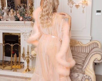 Peach Tulle Luxury Marabou Feather Dressing Gown, Boudoir Burlesque Feather Robe, Maternity Pregnancy photo shoot robe Valentine's Day Gift