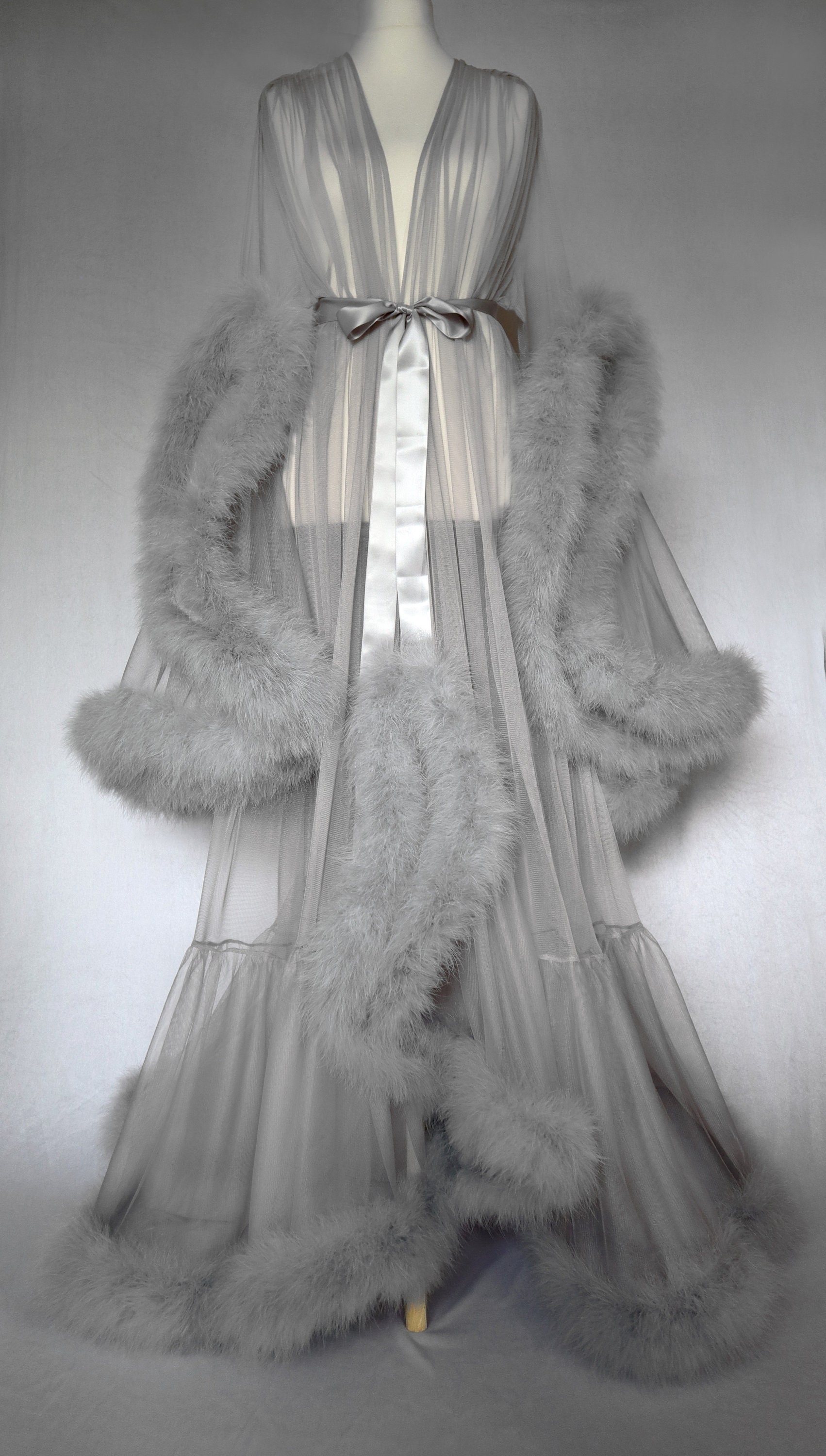 Grey Marabou Feather Robe, Boudoir Transparent Tulle Feather Dressing ...