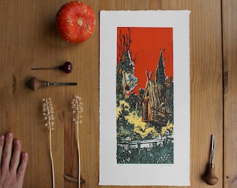 Baba Yaga's house. 5 colours linocut blockprint