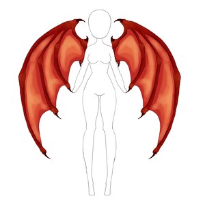 May include: A pair of red dragon wings with a textured, scaly appearance. The wings are spread out and appear to be attached to a person's back.