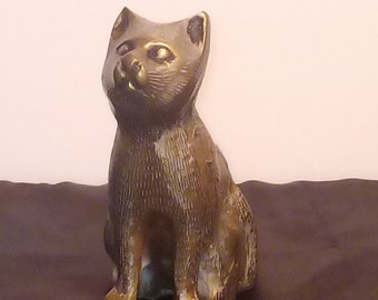 Mid-century Brass Cat Figurine Intricately Engraved