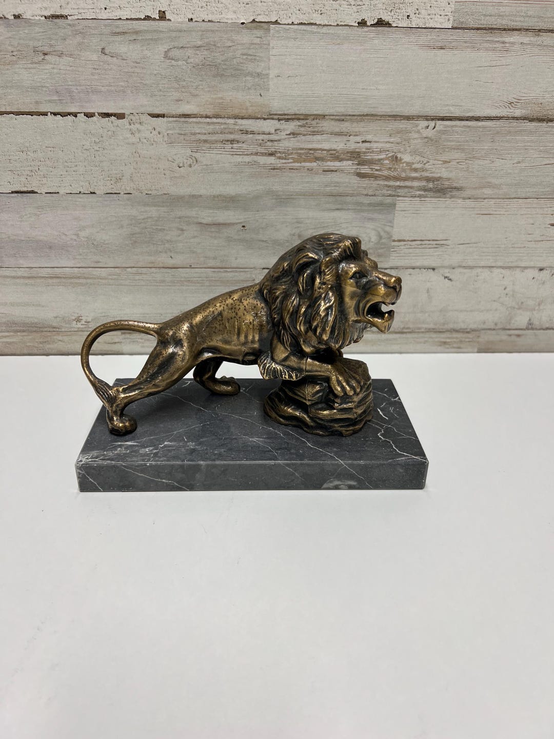 Vintage Brass Lion Statue on Black Marble Slab - Etsy