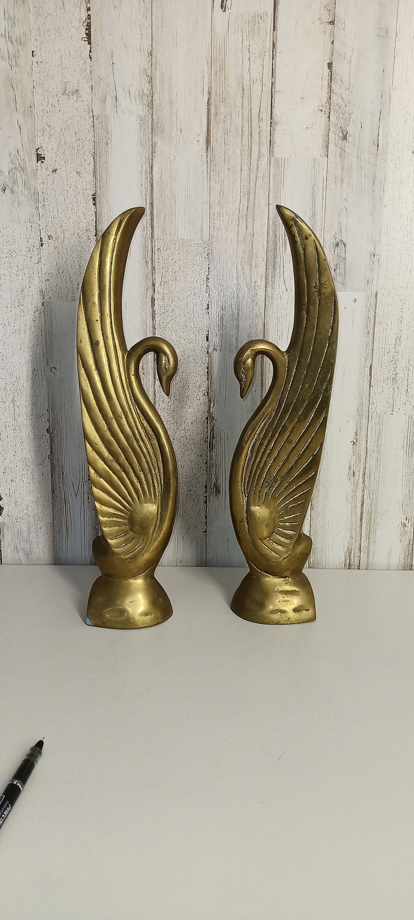 Art Deco Brass Swan Bookends Antique Vintage Midcentury Collectable