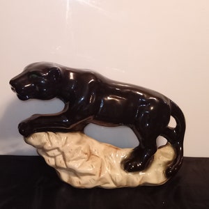 Mid-century Ceramic Black Panther On Rock