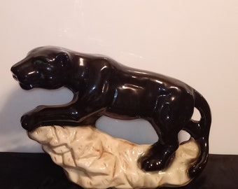 Mid-century Ceramic Black Panther On Rock