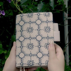 May include: A beige fabric notebook cover with a blue geometric pattern. The cover is open to customization and is available in A5, A6, B6, 5-Year, Weeks, and TN sizes.  GIFT Packing is written on the bottom left corner of the image.
