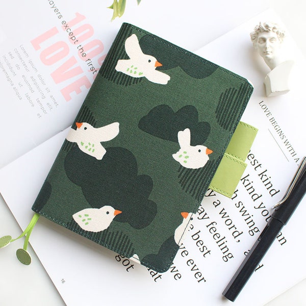 Green Bird Cover for 2024 Planner, Notebook, Journal, Agenda with pen loops, perfectly for Hobonichi/Midori/Moleskine (A6/A5/Five-Year)