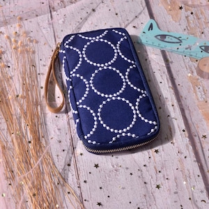 Estuche pequeño para cajón de pandereta, hecho a mano, con cremallera, organizador portátil, japonés, para guardar artículos de oficina, escuela, viajes (azul marino, amarillo y azul)