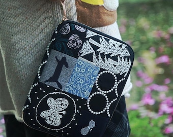 Premium Handmade Large Drawer Pouch / Zipper Bag for all stationary items - Black Minä Perhonen Patchwork