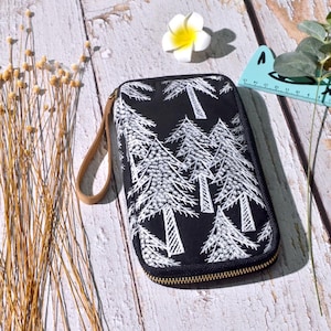 Bolsa pequeña con cajón, diseño de árbol japonés, hecha a mano, portátil, con cremallera, organizador, para guardar cosas, para la escuela, la oficina, para viajar (negro y blanco)