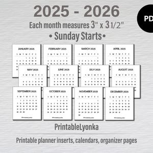 Мини-календари 3 x 3,5 дюйма 2025 - 2026 | Маленький печатный календарь 3 x 3 1/2 дюйма PDF | Вкладки мини-календаря