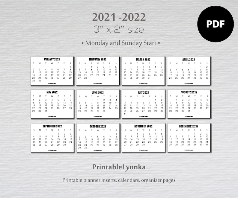 RENEW 3 x 2 inch mini Calendars 2021-2022/ Small printable ...