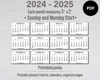 3 x 2 inch mini Calendars 2024 - 2025 | Mini calendar tabs | Small printable calendar | PDF