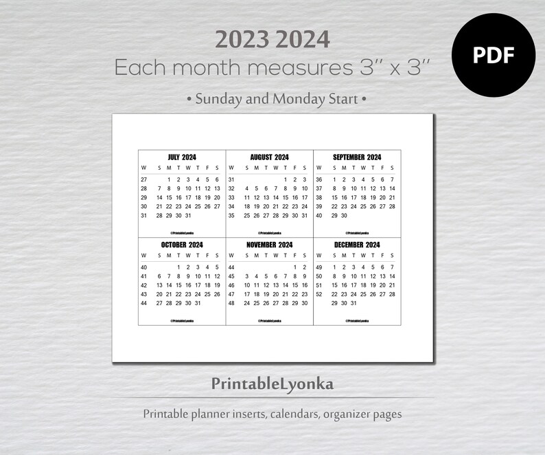 Printable 2023 2024 Mini Calendar 3X3 Inch Monthly Calendar With Weeks