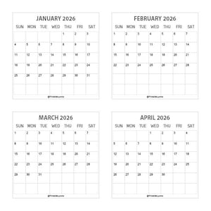 2026 Mini calendar card | Size 3 1/2&quot; x 3 1/2&#39;&#39; | Calendar Printable PDF