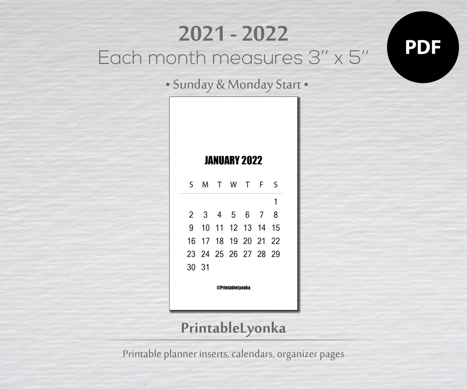 2021 2022 mini calendar tabsize 3 x 5 inches printable etsy