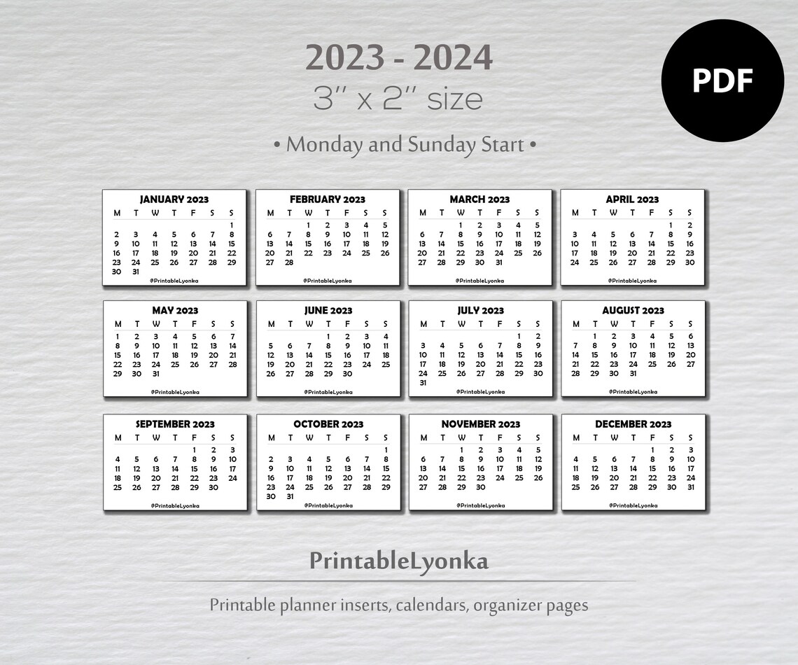3 X 2 Inch Mini Calendars 2023 2024 Small Printable Etsy