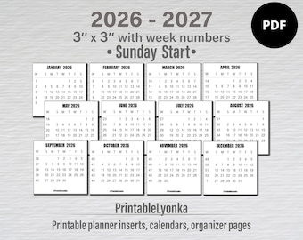 Мини-календарь 2026 2027 с номерами недель 3 x 3 дюйма | Ежемесячный календарь с неделями | Календарь с номерами недель на 2026-2027 годы