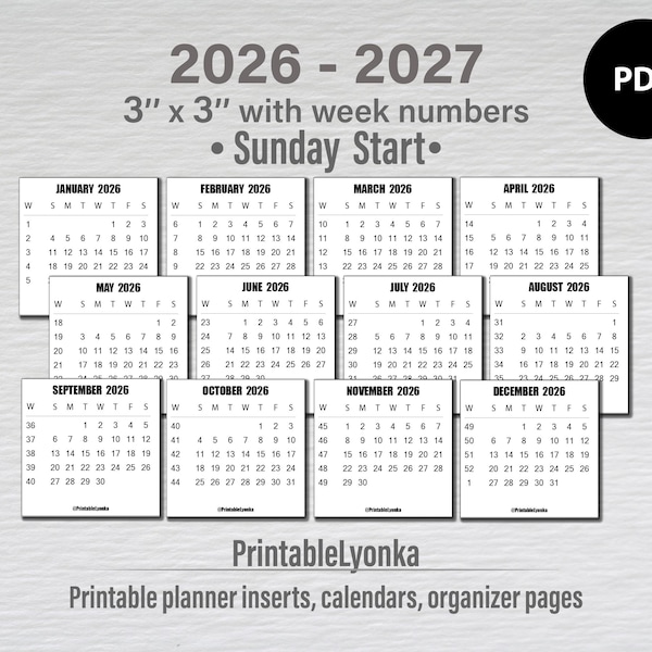 Мини-календарь 2026 2027 с номерами недель 3 x 3 дюйма | Ежемесячный календарь с неделями | Календарь с номерами недель на 2026-2027 годы