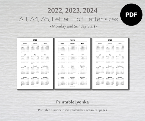 2022 2023 2024 Yearly Calendar Printable/ Pdf/ A3 A4 A5 | Etsy