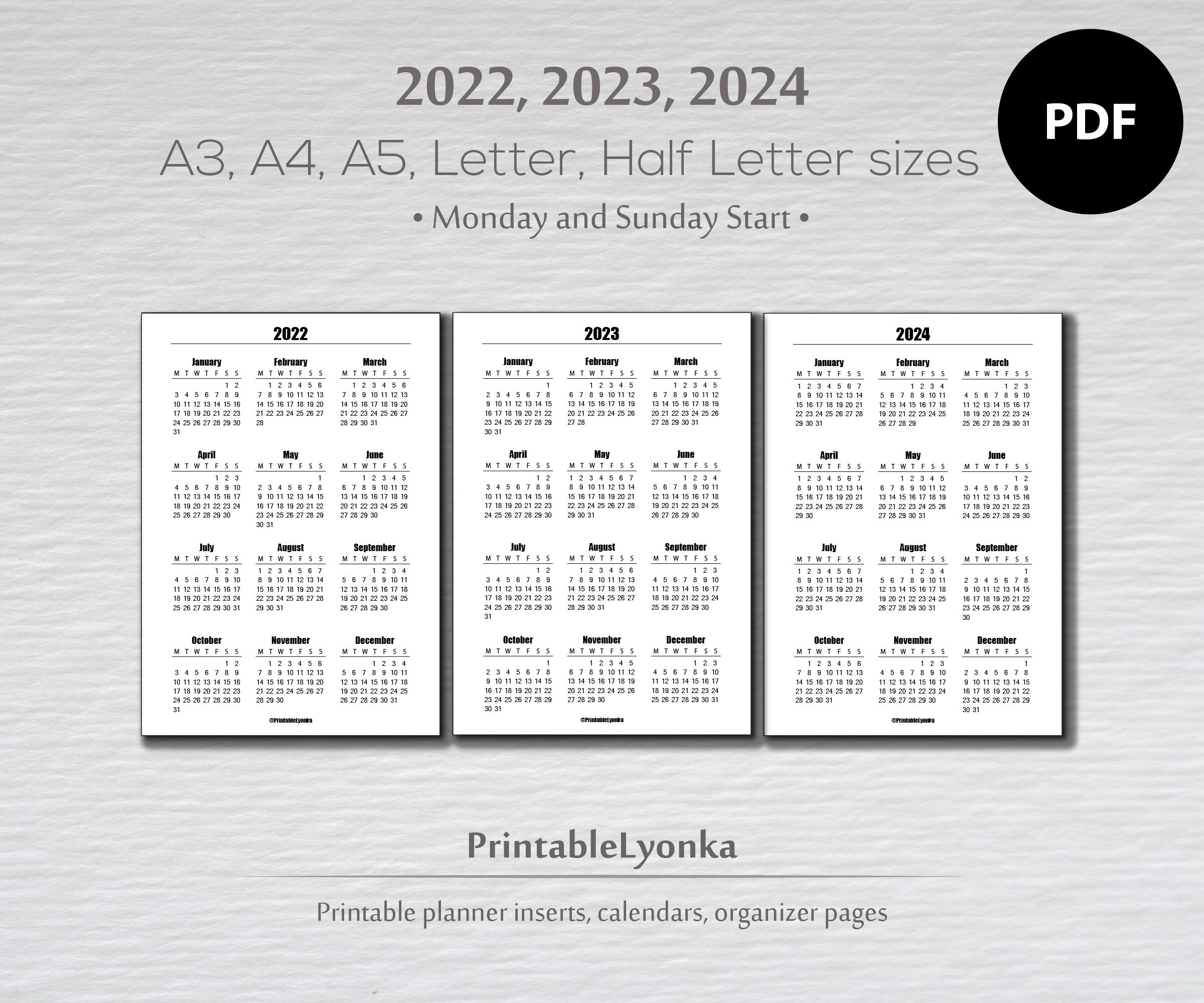 2022 2023 2024 Printable Calendar Year at a Glance Printable Etsy Norway