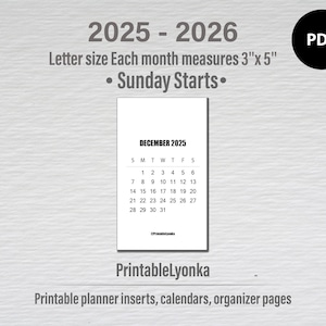 Мини-календарь на 2025 и 2026 годы | Размер 3 х 5 дюймов | Маленький ежемесячный календарь на 2025 2026 год для печати в формате PDF.