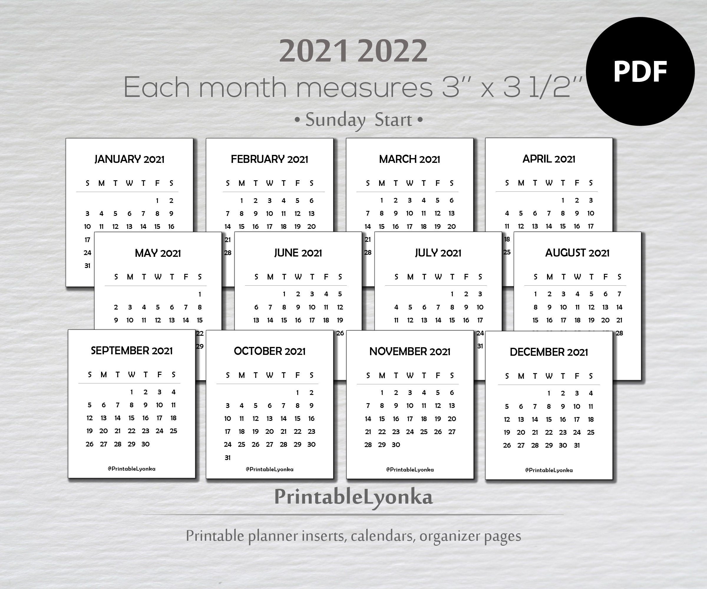 3 X 3.5 Inches Mini Calendars 2021-2022/ Small Printable | Etsy