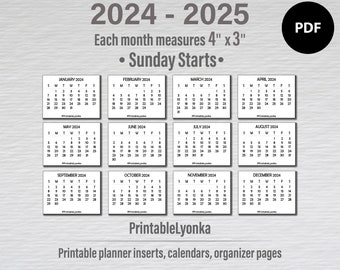 4 x 3 inches mini Calendars printable PDF/ Small calendar 2024 2025/ Mini calendar tabs