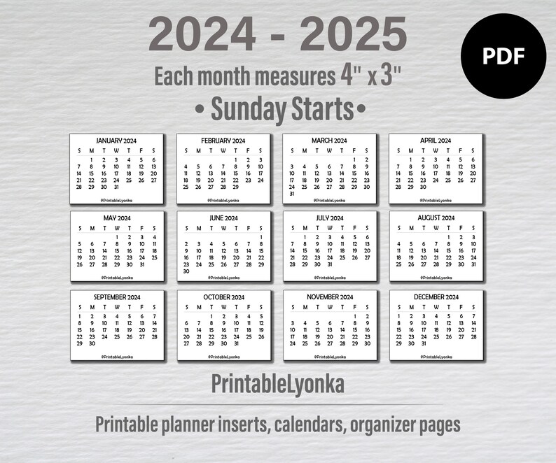 4 X 3 Inches Mini Calendars Printable PDF/ Small Calendar 2024 2025