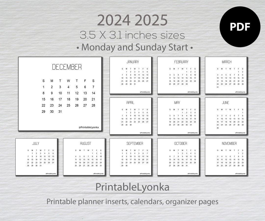Small Monthly Calendar Cards 2024 2025 Mini Calendar Printable PDF Mini