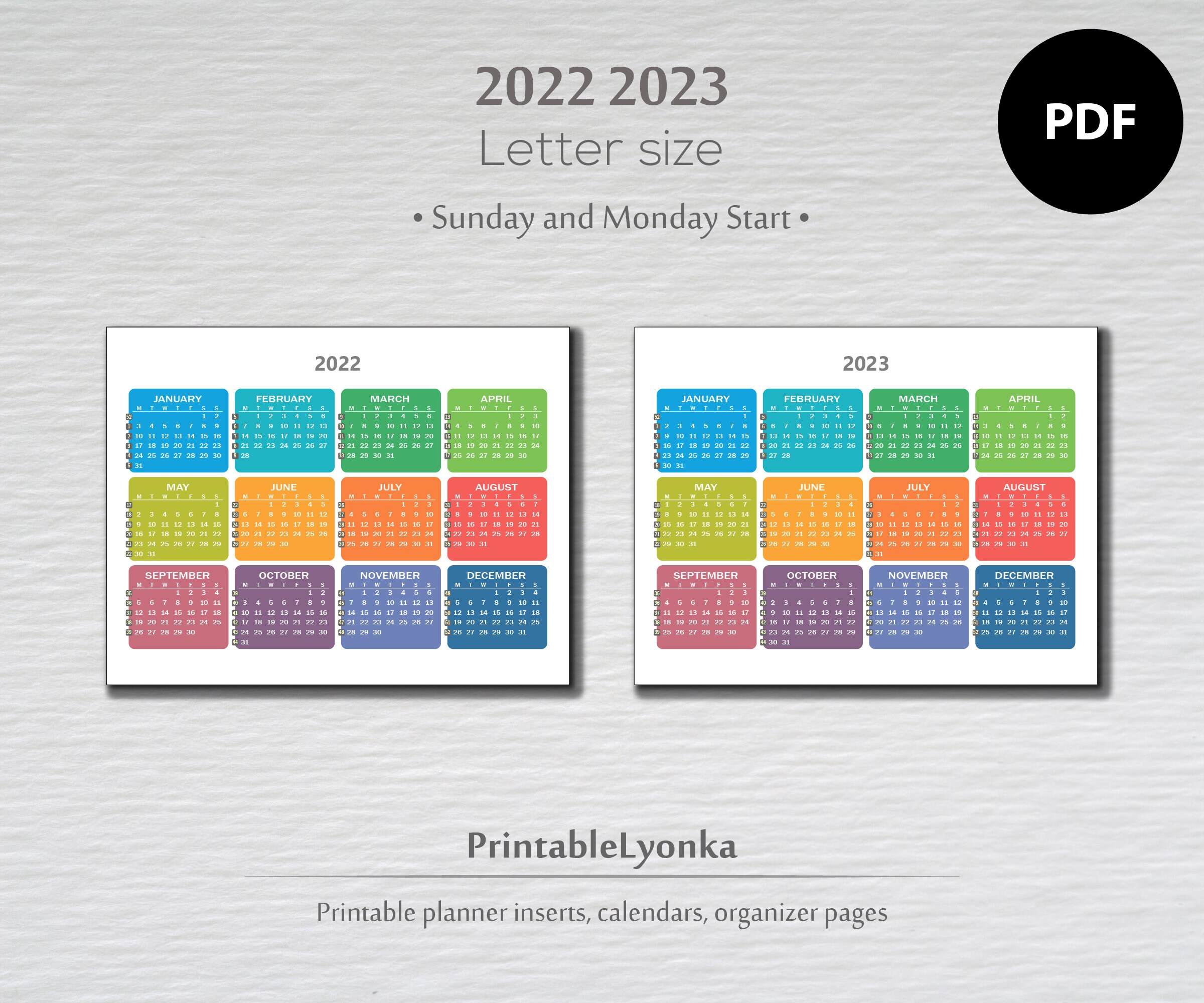 2022 and 2023 Printable Calendar With Weeks Calendar 2022 - Etsy