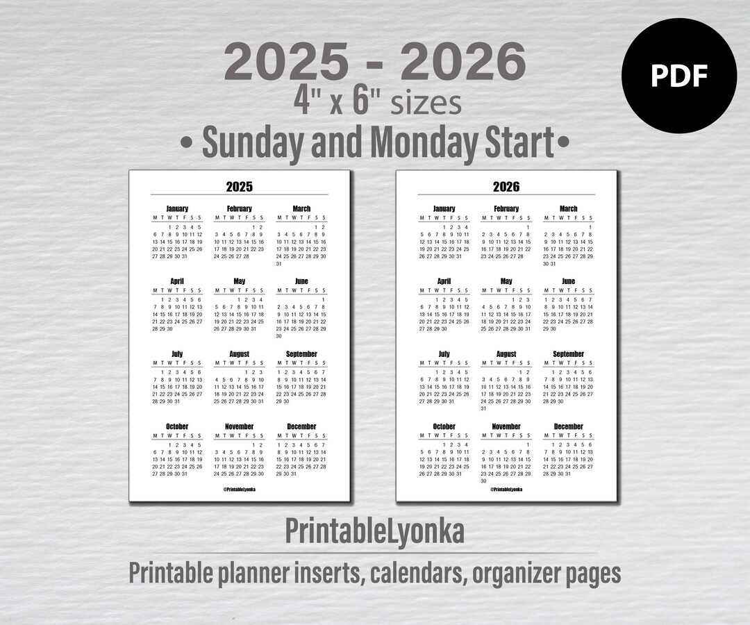 4 X 6 Inch 2025 2026 Yearly Calendar Printable Pdf Sunday and Monday Start - Etsy