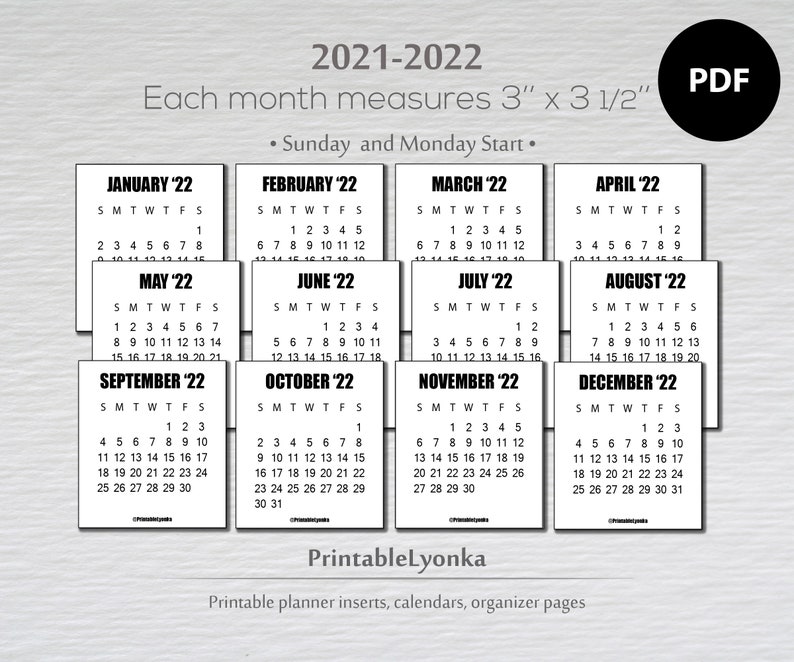 2021 2022 mini calendar tabsize 3 x 3 12inch printable