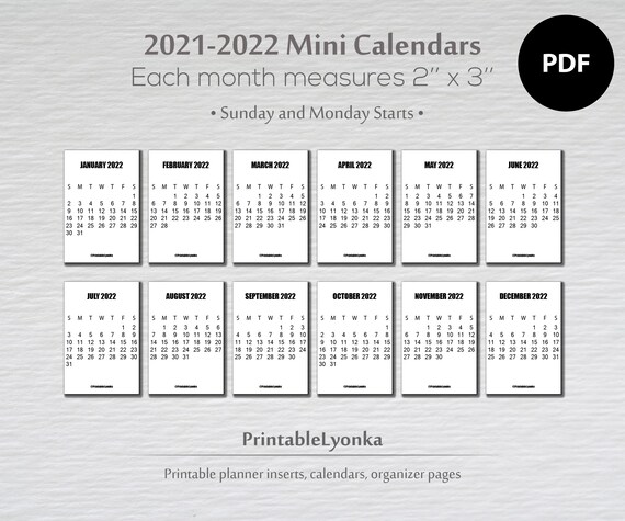2 X 3 Inch Mini Calendar 2021 2022/ Small Vertical Printable | Etsy