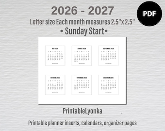 Mini printable  2026-2027 monthly calendar | 2 1/2 x 2 1/2  inch | Small calendar 2026 2027 | Desk Calendar