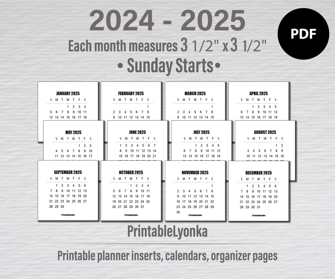 2024 and 2025 Mini Calendar Tab Size 3 1/2 X 3 1/2inch Printable PDF. 3