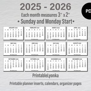 Mini calendarios de 3 x 2 pulgadas 2025 - 2026 / Pestañas de mini calendario / Calendario pequeño imprimible / PDF