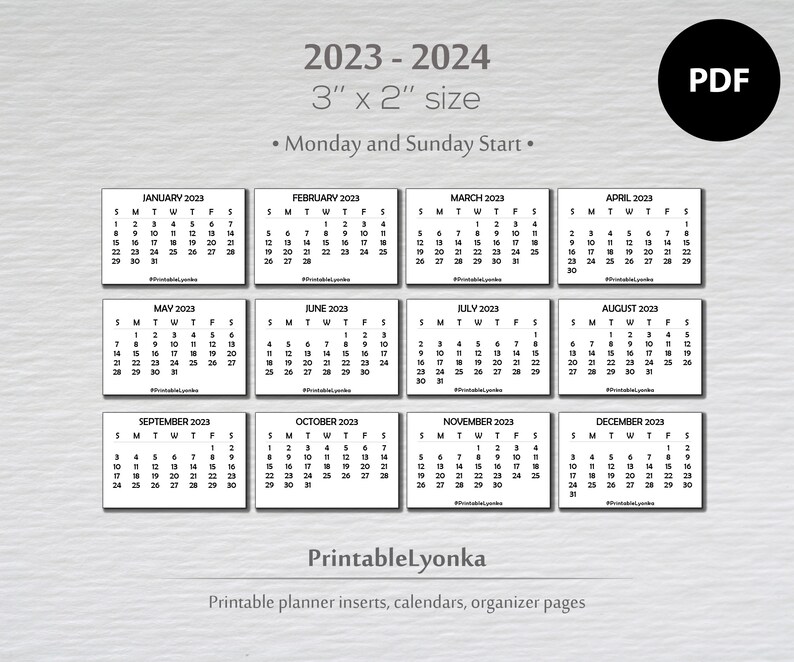 3 X 2 Inch Mini Calendars 2023 2024 Mini Calendar Tabs Etsy