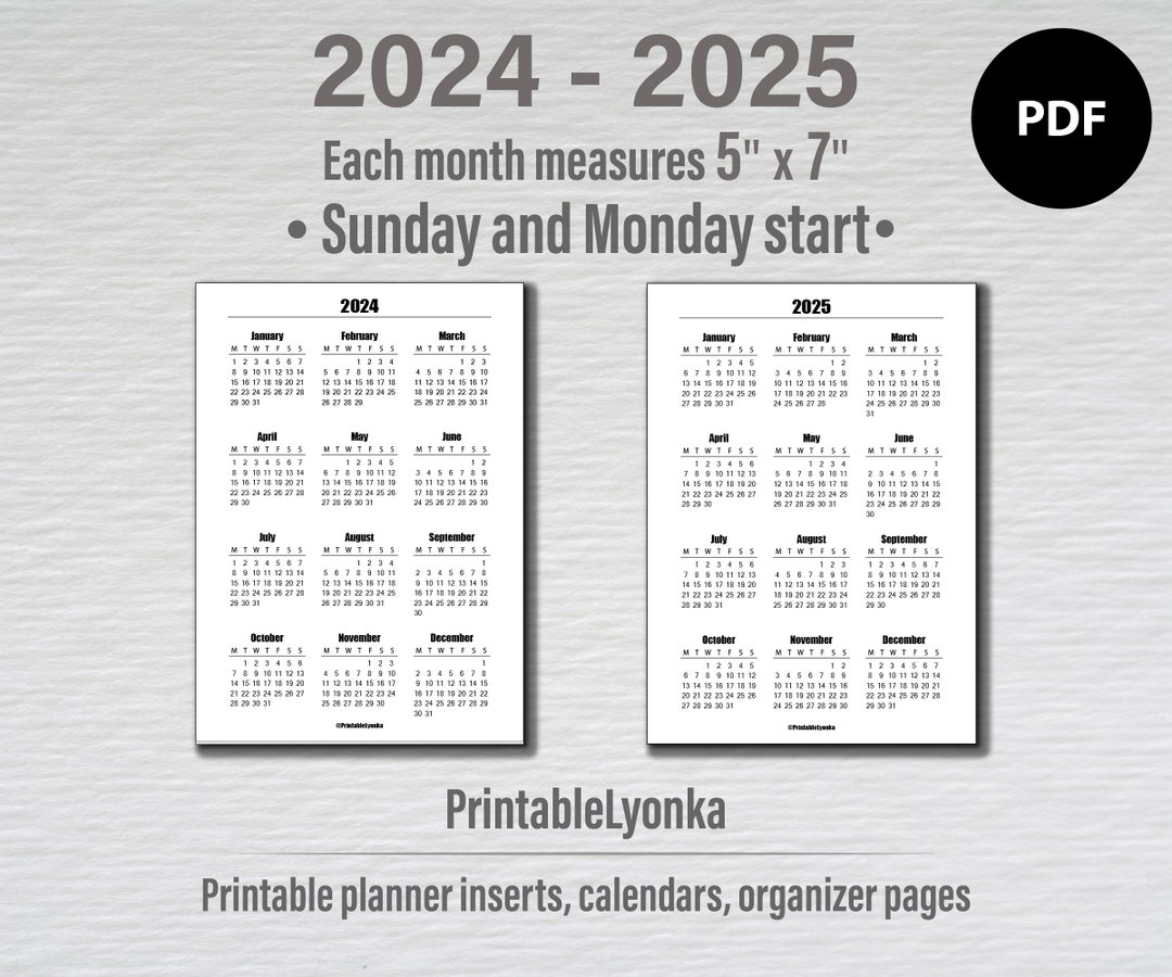 5x7 Inches Printable Calendar 20242025 Minimalist Calendar 2025 2025