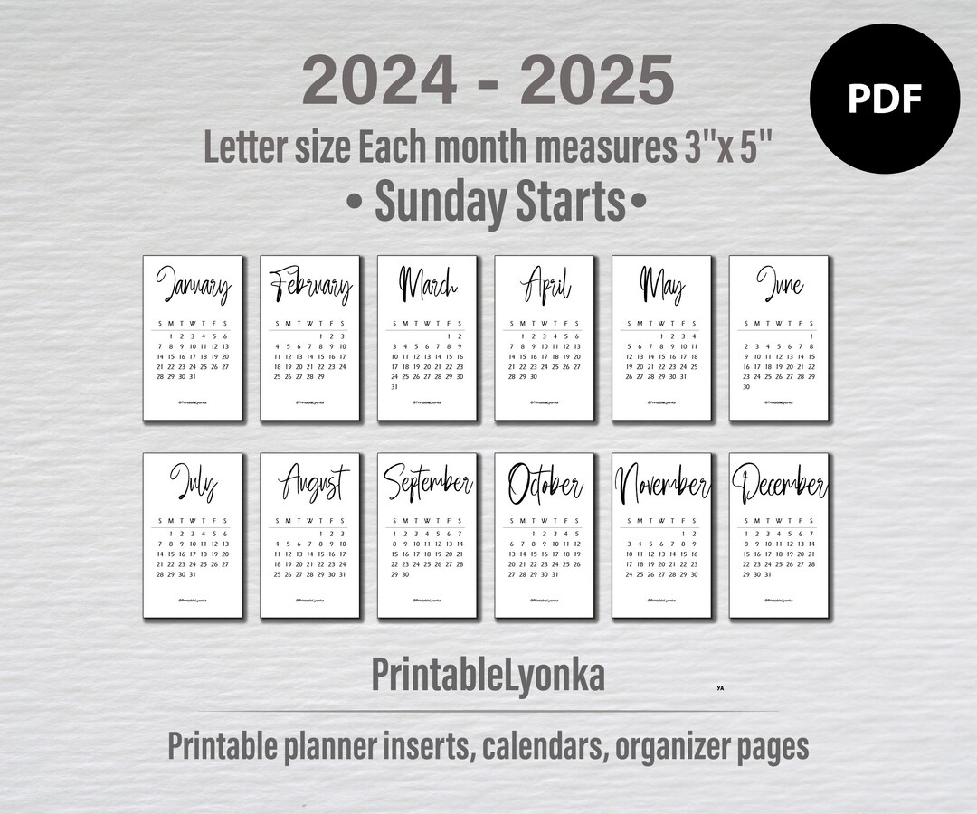 2024 2025 Mini Calendar Card/ Size 3 X 5'' / Printable Small Monthly