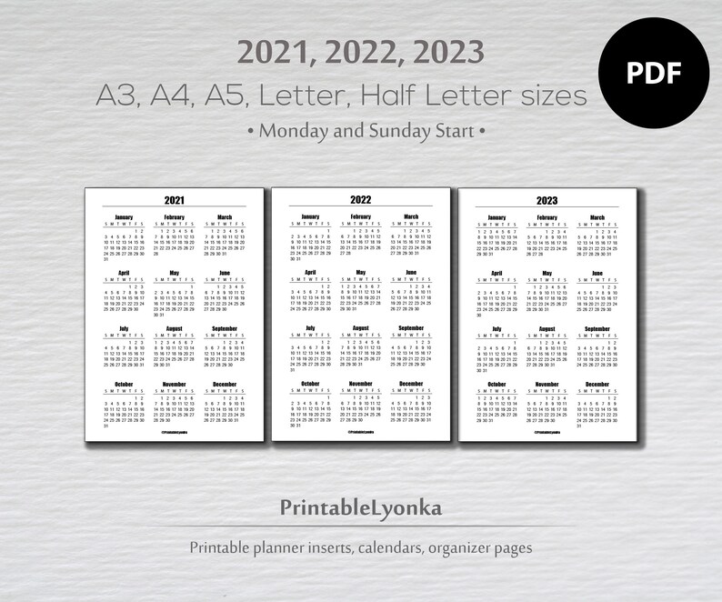2021 2022 2023 yearly calendar printable pdf a3 a4 a5 etsy